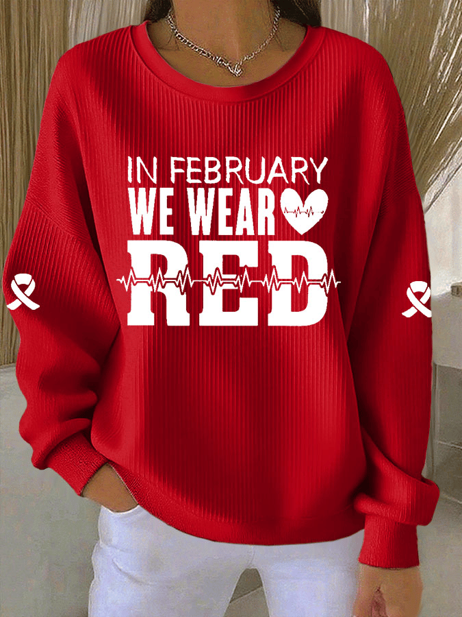 Women's Casual Heart Disease Awareness Print Long Sleeve Knit Top