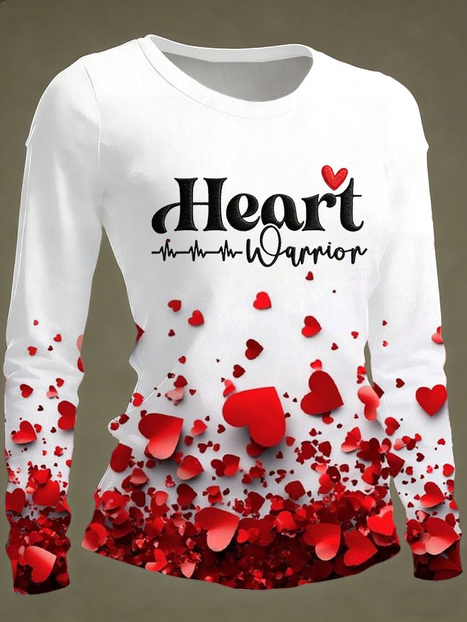 Women's Casual Heart Disease Awareness Heart Warrior Print Long-Sleeve T-Shirt