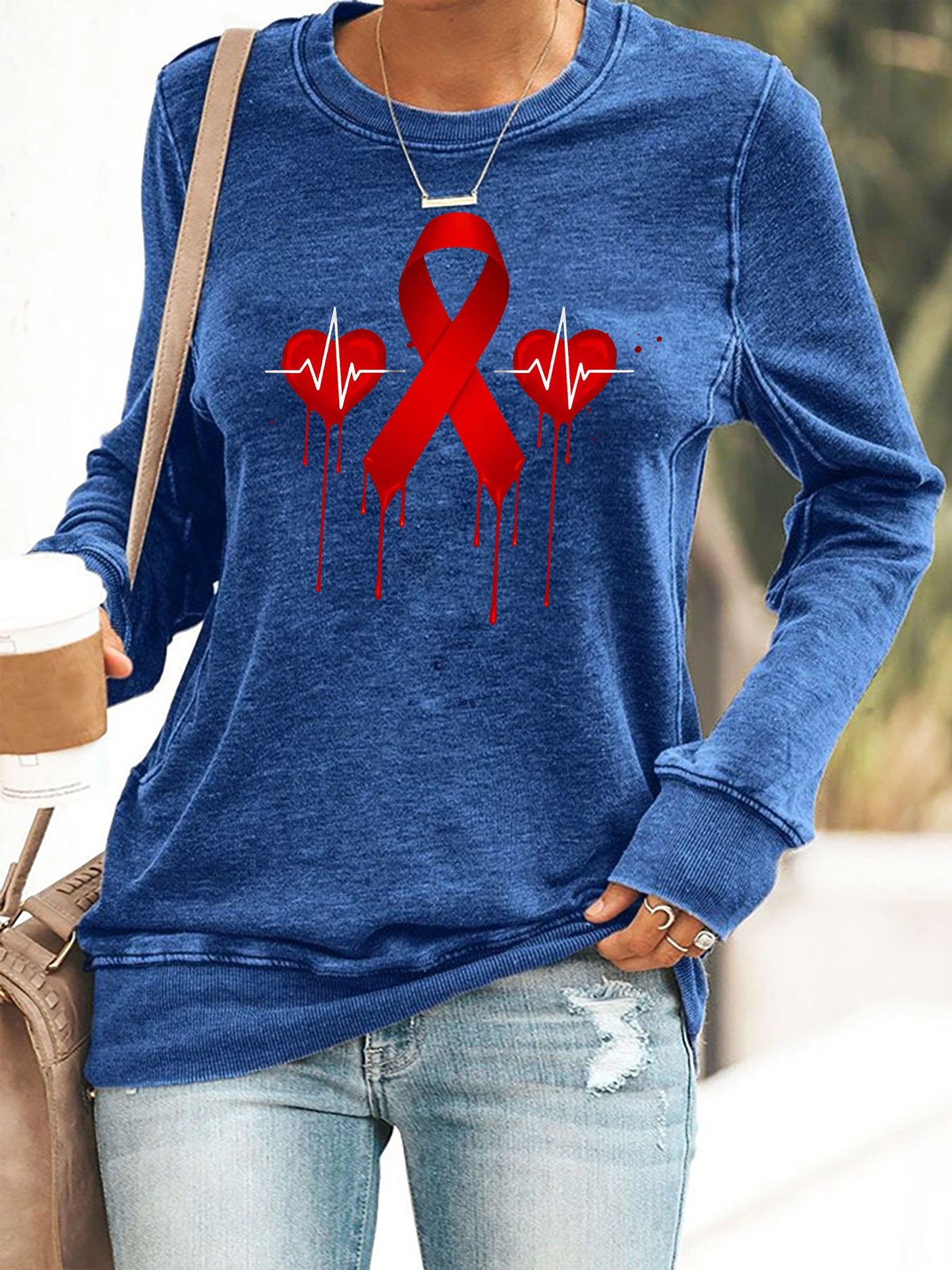 Women's Casual Heart Disease Awareness Printed Sweatshirt