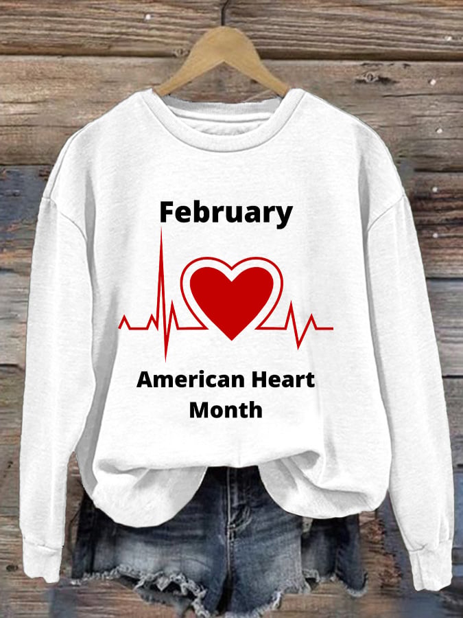 Women's Casual Heart Disease Awareness In February Wear Red Printed Long-Sleeve Sweatshirt