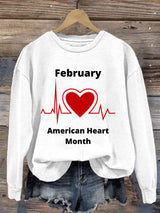 Women's Casual Heart Disease Awareness In February Wear Red Printed Long-Sleeve Sweatshirt