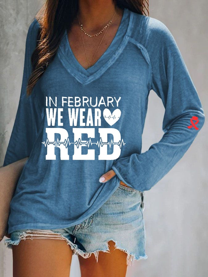 Women's Casual Heart Disease Awareness Printed Long Sleeve Top