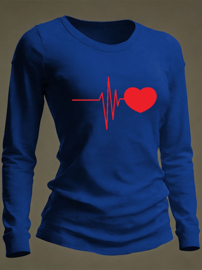 Women's Casual Heart Disease Awareness Print Long-Sleeve T-Shirt