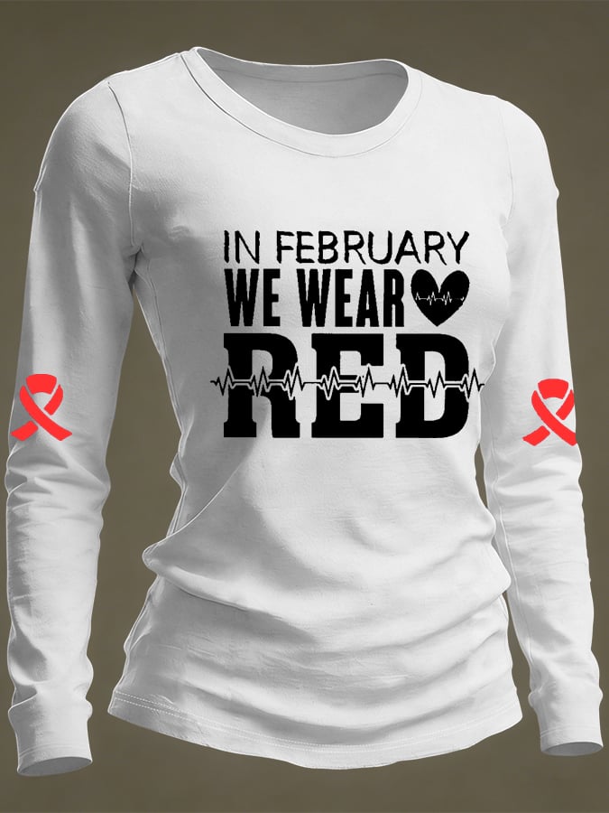 Women's Casual Heart Disease Awareness Print Long-Sleeve T-Shirt