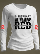 Women's Casual Heart Disease Awareness Print Long-Sleeve T-Shirt