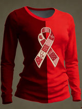 Women's Casual Heart Disease Awareness Print Long-Sleeve T-Shirt