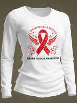 Women's Casual Heart Disease Awareness Print Long-Sleeve T-Shirt