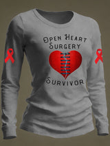 Women's casual long-sleeved T-shirt with "OPEN HEART SURGERY SURVIVOR" print