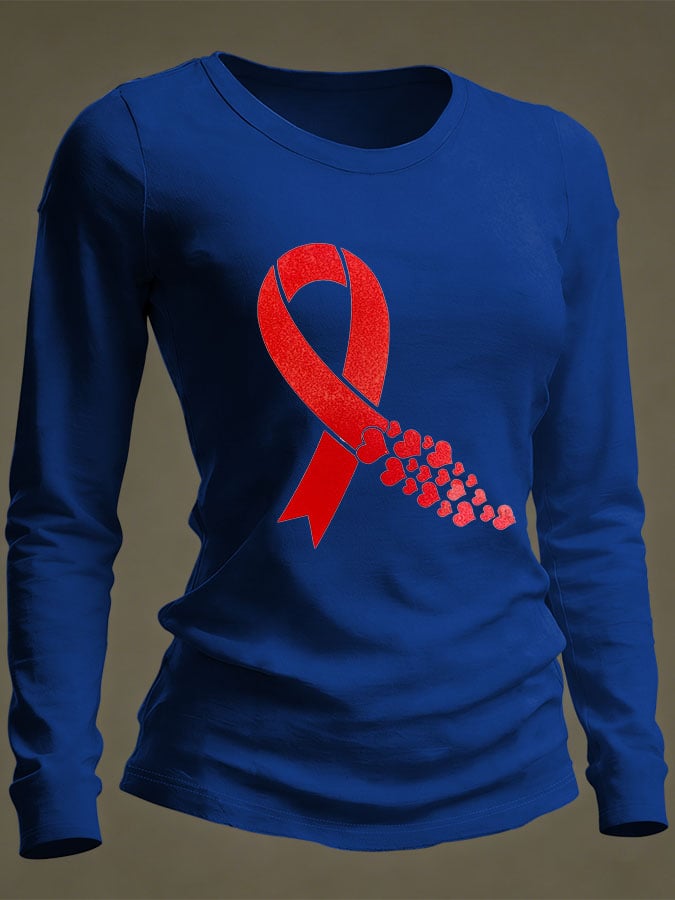 Women's Casual Heart Disease Awareness Print Long-Sleeve T-Shirt