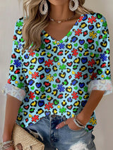 V-Neck Retro Autism Awareness Leopard Puzzle Pattern Print T-Shirt