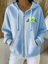 Women's Rugby Print Casual Hooded Sweatshirt Jacket