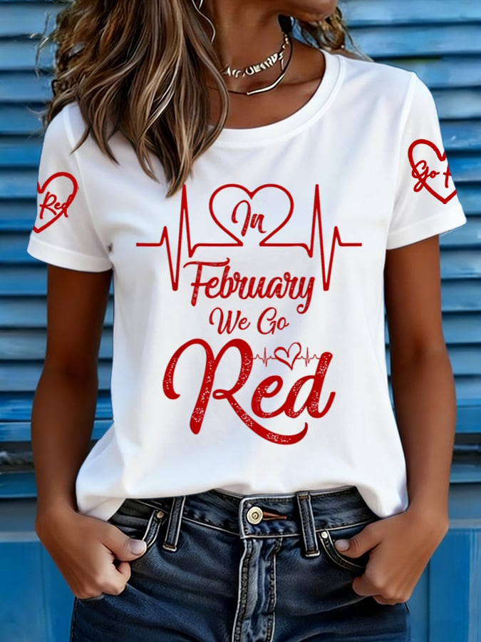 Women's casual red T-shirt with abstract floral art design