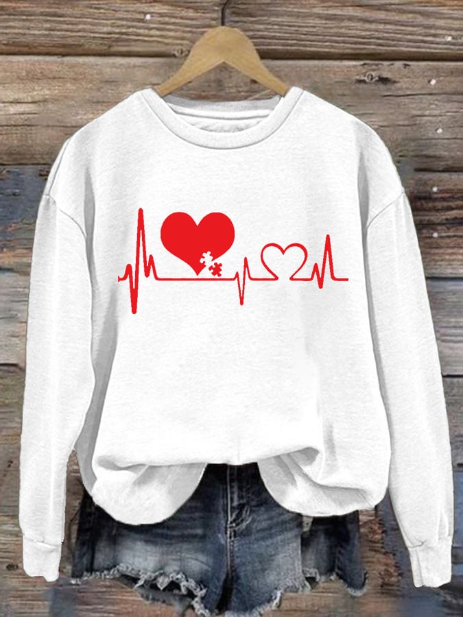 Women's Casual Heart Disease Awareness In February Wear Red Printed Long-Sleeve Sweatshirt