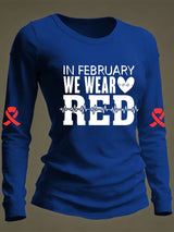 Women's Casual Heart Disease Awareness Print Long-Sleeve T-Shirt