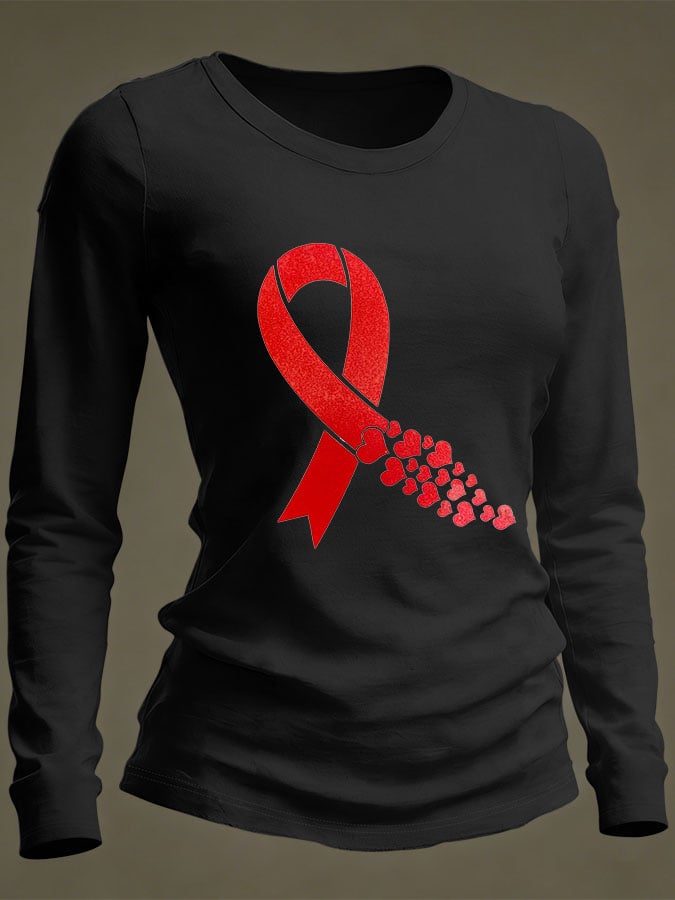 Women's Casual Heart Disease Awareness Print Long-Sleeve T-Shirt