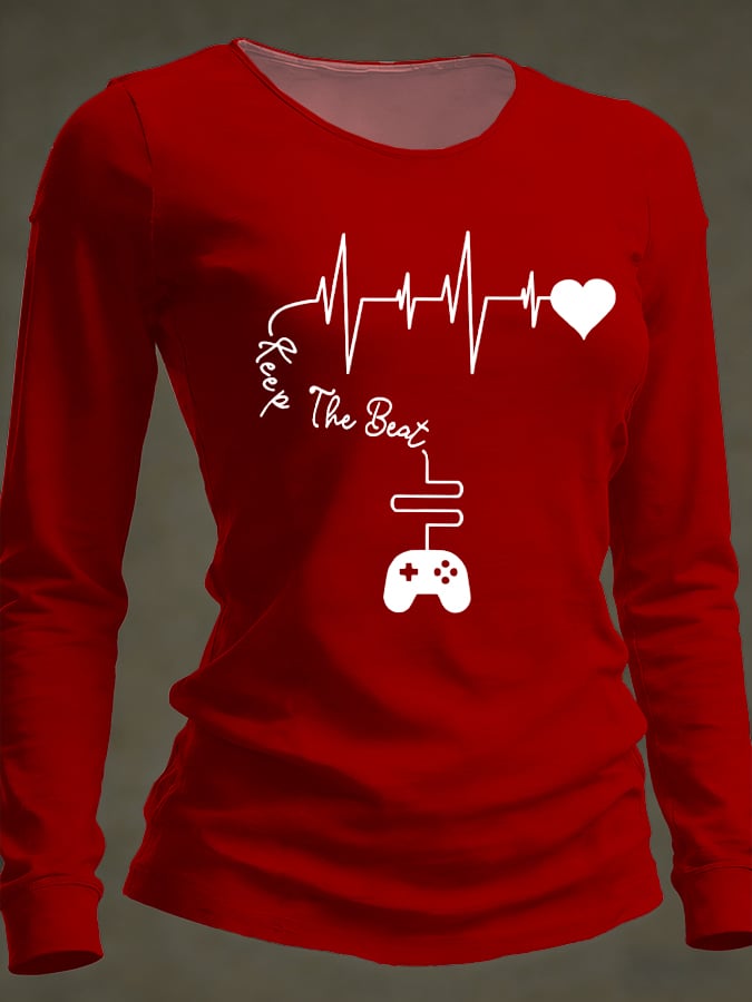 Women's Casual Heart Disease Awareness Print Long-Sleeve T-Shirt