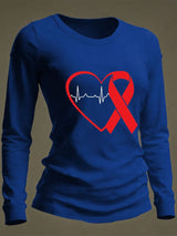 Women's Casual Heart Disease Awareness Print Long-Sleeve T-Shirt