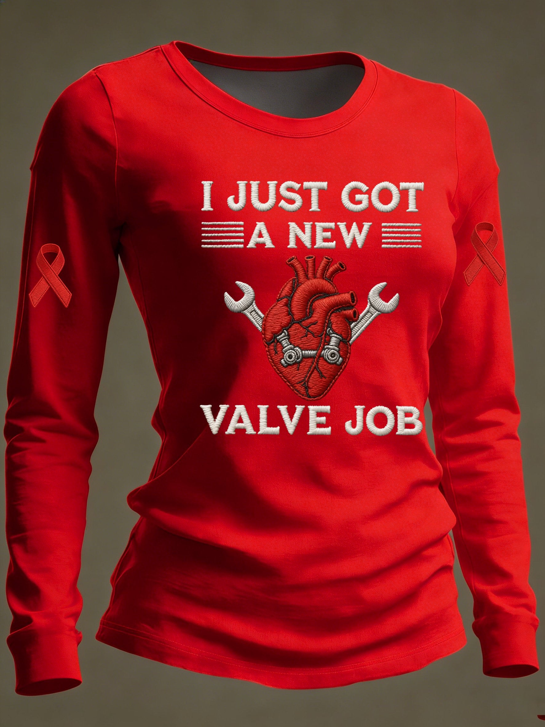 Women's Casual Heart Disease Awareness Long-Sleeve T-Shirt (I JUST GOT A NEW VALVE JOB)