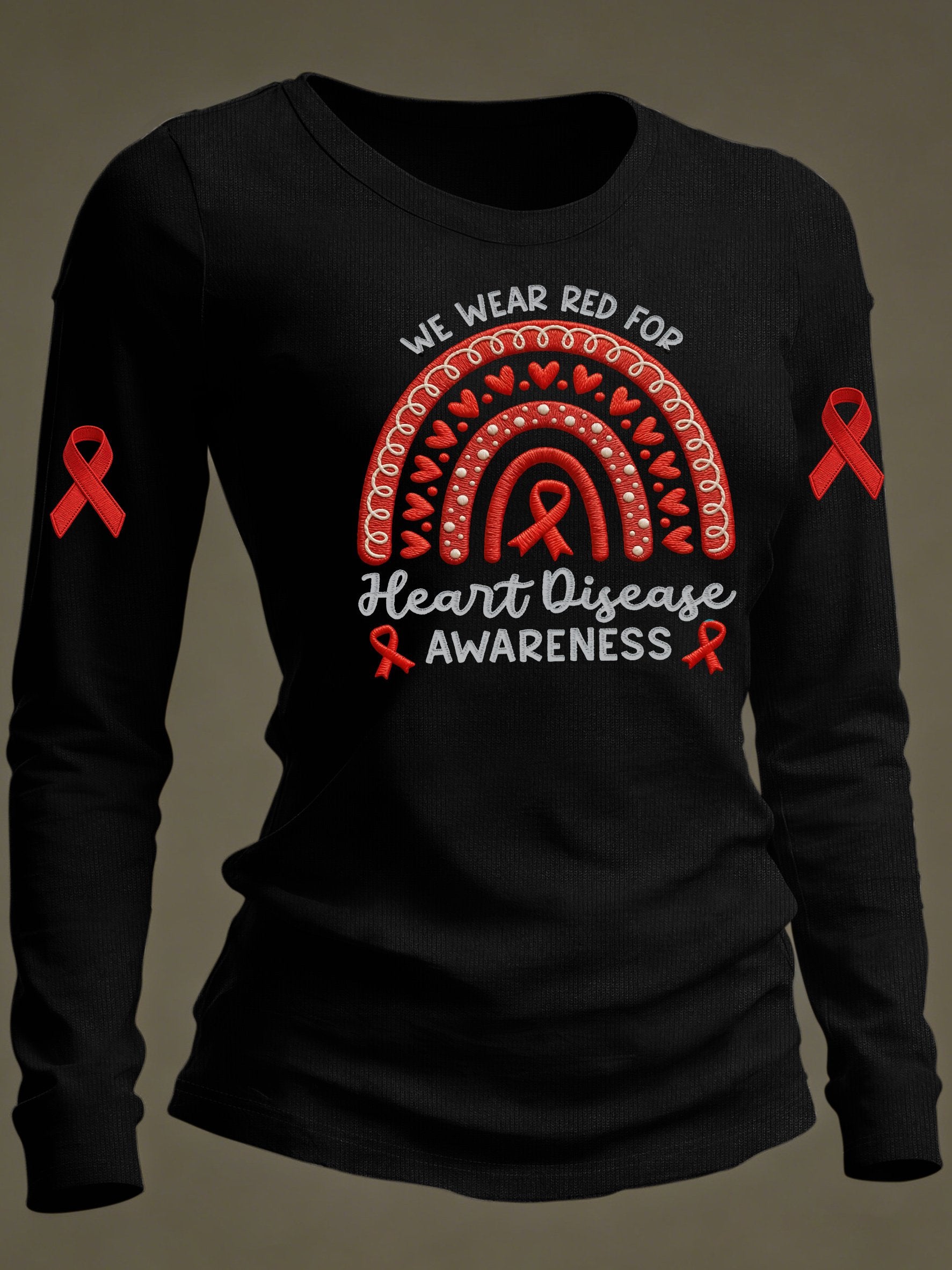 Women's Casual Heart Disease Awareness Print Long-Sleeve T-Shirt