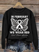 Women's Casual Heart Disease Awareness In February Wear Red Printed Long-Sleeve Sweatshirt