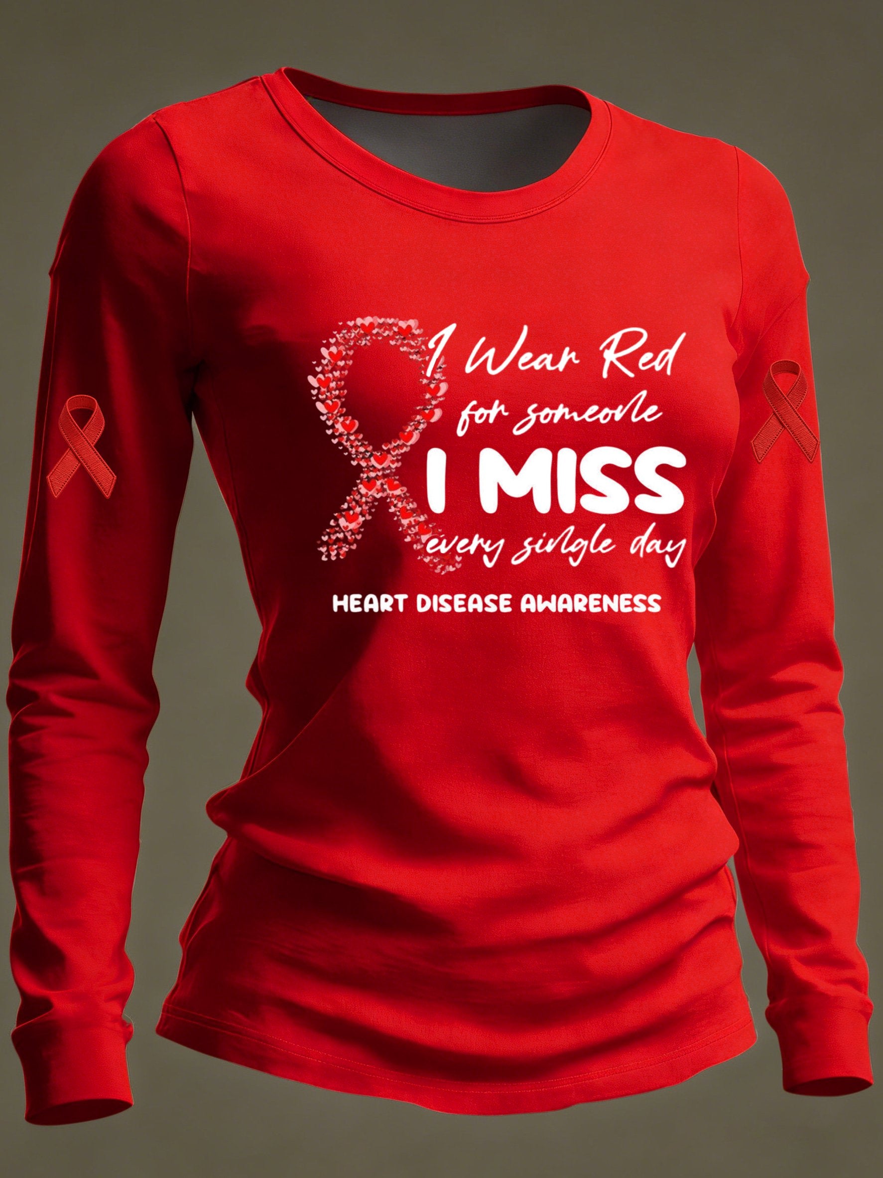Women's casual long-sleeved T-shirt for heart disease awareness