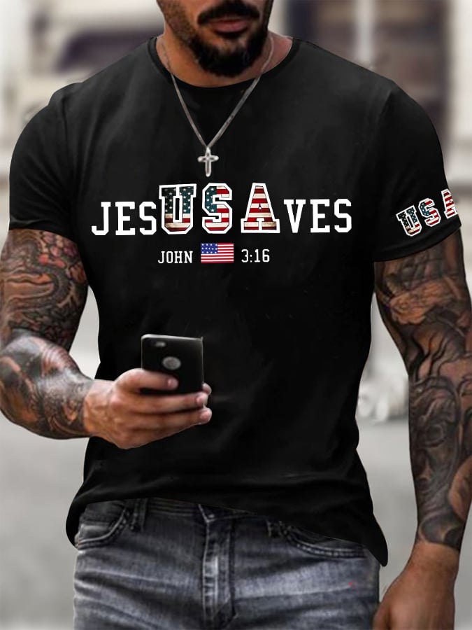Men's Vintage USA Jesus Saves Printed Round Neck T-Shirt