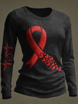Women's Casual Heart Disease Awareness Print Long-Sleeve T-Shirt