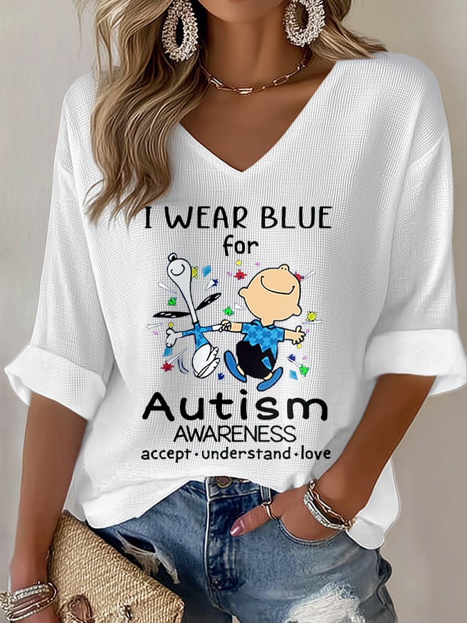 V-Neck Retro Autism Awareness I Wear Blue For Autism Accept, Understand, Love Print T-Shirt