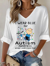 V-Neck Retro Autism Awareness I Wear Blue For Autism Accept, Understand, Love Print T-Shirt