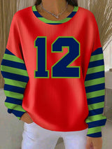 Women's Rugby Print Knit Crew Neck Long Sleeve Top