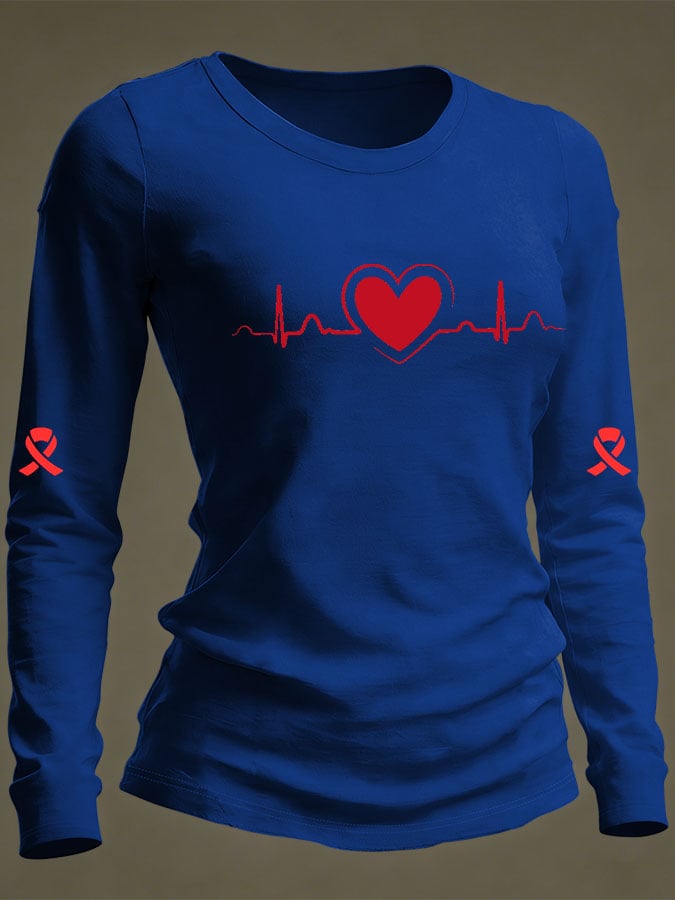 Women's Casual Heart Disease Awareness Print Long-Sleeve T-Shirt
