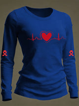 Women's Casual Heart Disease Awareness Print Long-Sleeve T-Shirt