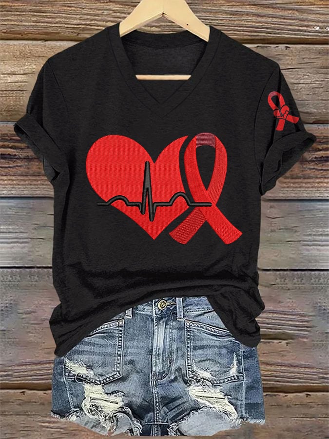 Women's Casual Heart Disease Awareness Printed Short-Sleeve T-Shirt