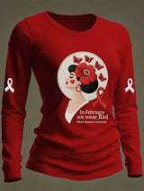Women's Casual Heart Disease Awareness Print Long-Sleeve T-Shirt