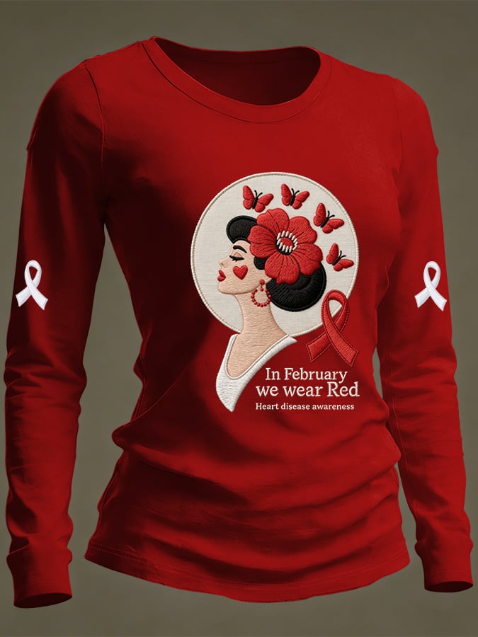 Women's Casual Heart Disease Awareness Print Long-Sleeve T-Shirt