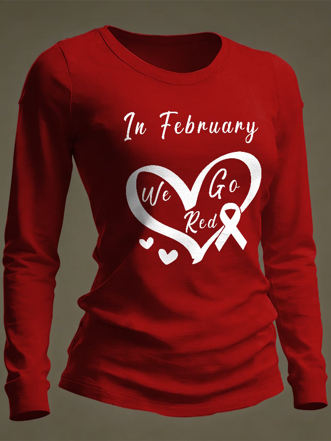 Women's Casual Heart Disease Awareness Print Long-Sleeve T-Shirt