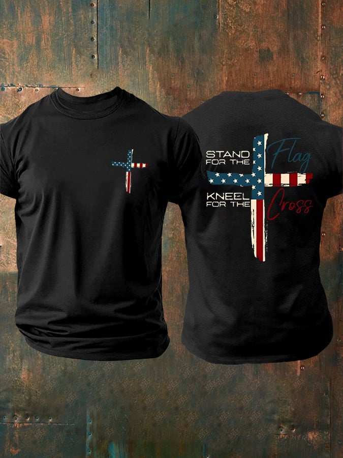 Men's Stand For The Flag Kneel For The Cross Printed Casual T-Shirt