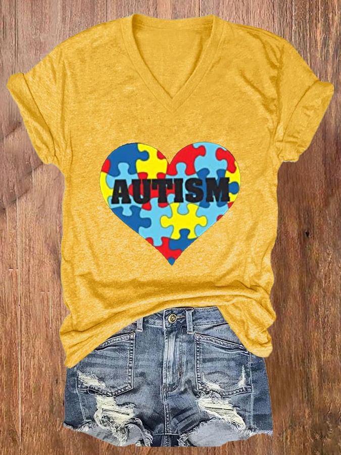 Women'S Autism Print  V Neck Casual T-Shirt