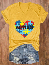 Women'S Autism Print  V Neck Casual T-Shirt