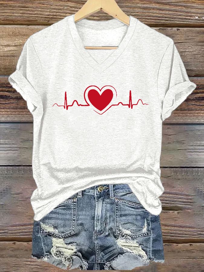 Women's Casual Heart Disease Awareness Printed Short-Sleeve T-Shirt