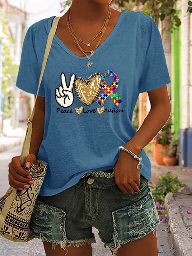 Women's Peace love Autism V Neck Short Sleeve T-Shirt