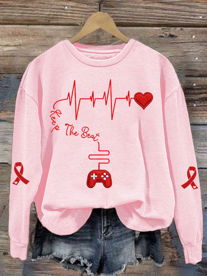 Women's Casual Heart Disease Awareness Keep The Beat Printed Long-Sleeve Sweatshirt