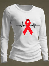 Women's Casual Heart Disease Awareness Print Long-Sleeve T-Shirt
