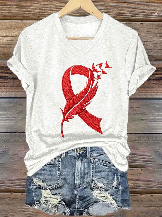 Women's Heart Disease Awareness Red Ribbon Print Casual T-shirt
