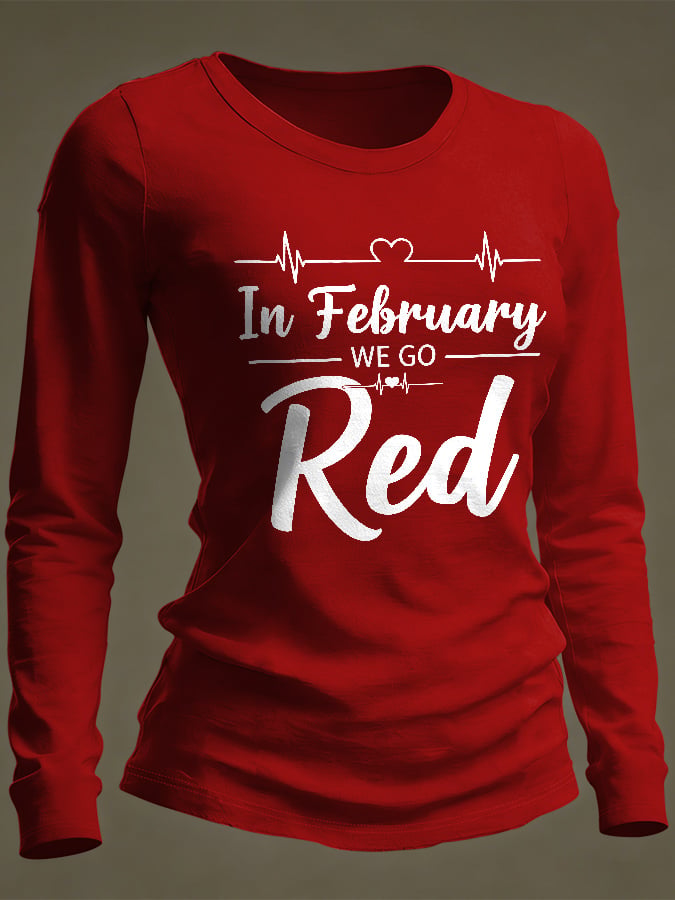 Women's Casual Heart Disease Awareness Print Long-Sleeve T-Shirt