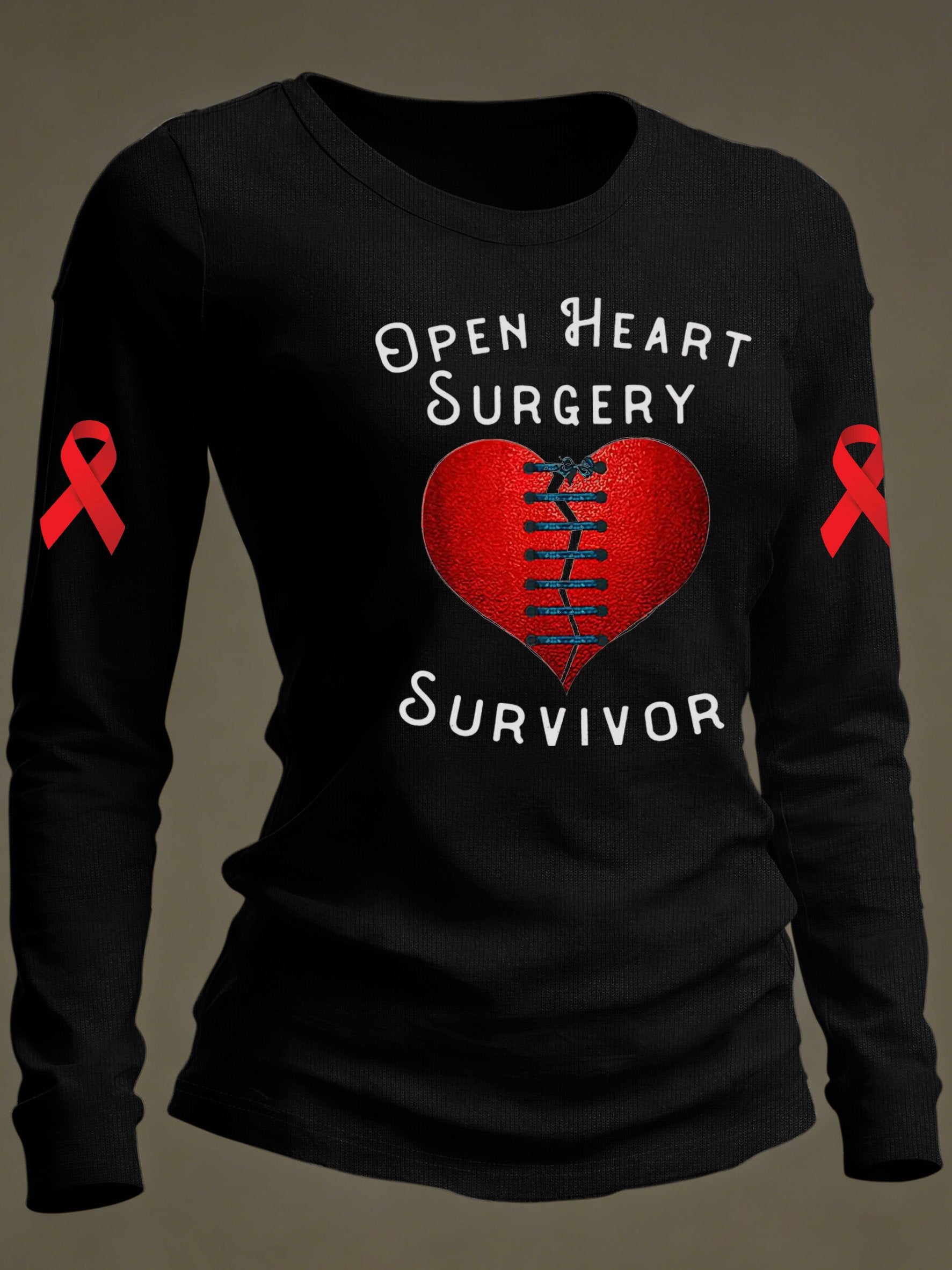 Women's casual long-sleeved T-shirt with "OPEN HEART SURGERY SURVIVOR" print