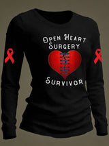 Women's casual long-sleeved T-shirt with "OPEN HEART SURGERY SURVIVOR" print