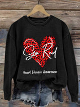Women's Casual Heart Disease Awareness In February Wear Red Printed Long-Sleeve Sweatshirt
