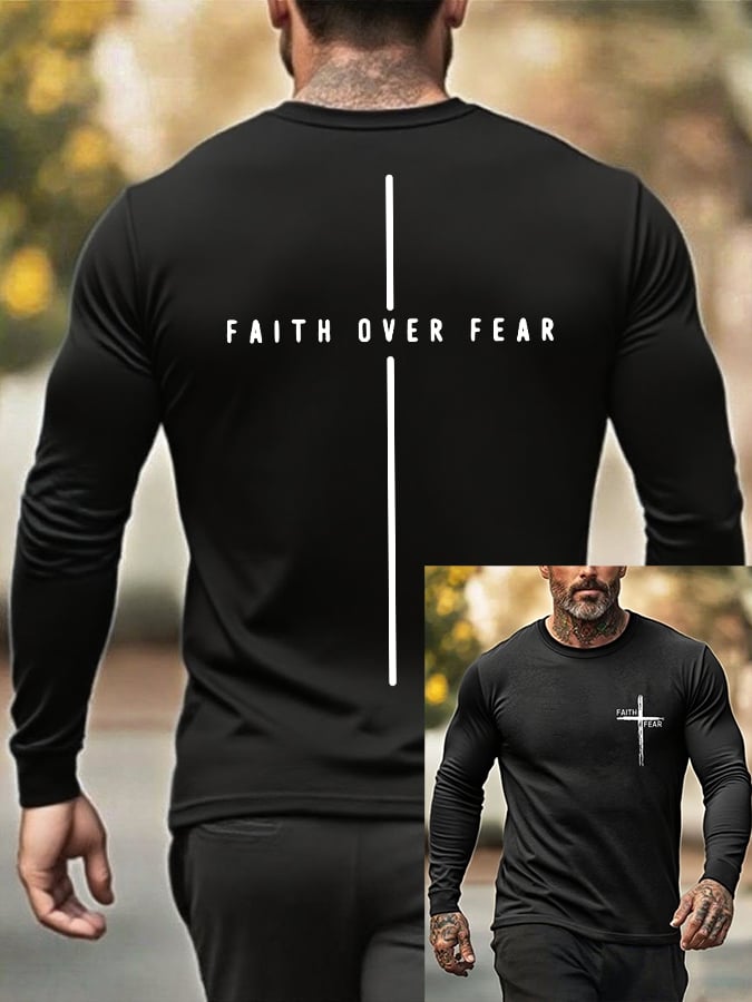 Men's Retro Faith Cross "Faith Over Fear" Print Crew Neck T-Shirt