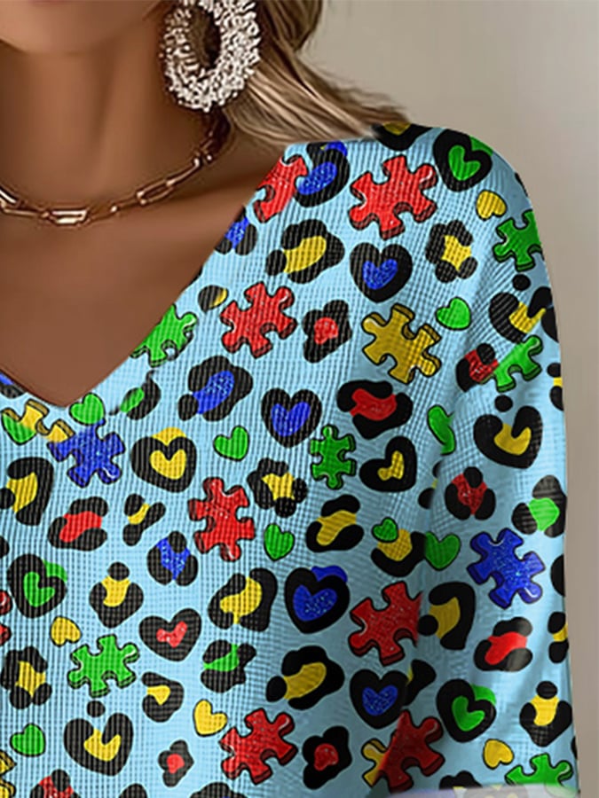 V-Neck Retro Autism Awareness Leopard Puzzle Pattern Print T-Shirt
